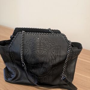 Witchy Crescent Moon Pentagram Black Weekender Bag With Chain Strap Detail